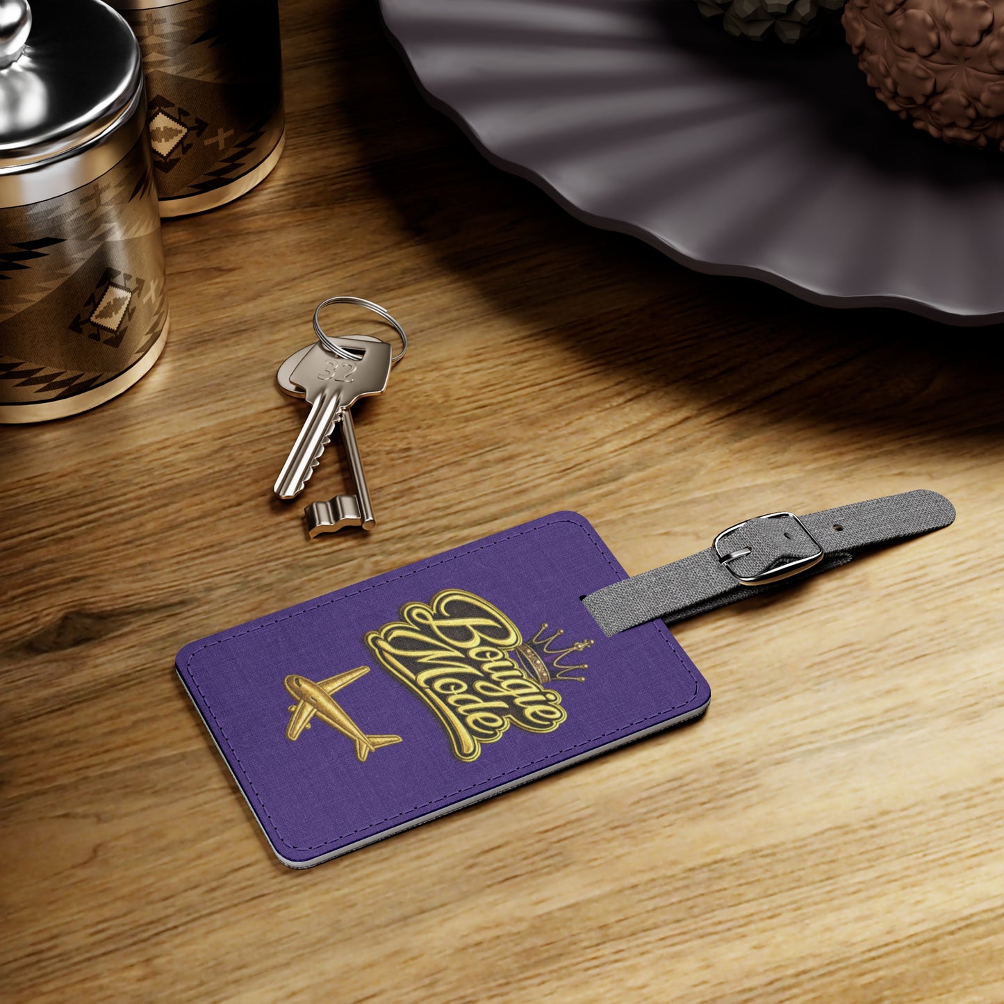 JusKay Bougie Mode Purple Luggage Tag – Gold Script Plane Travel ID