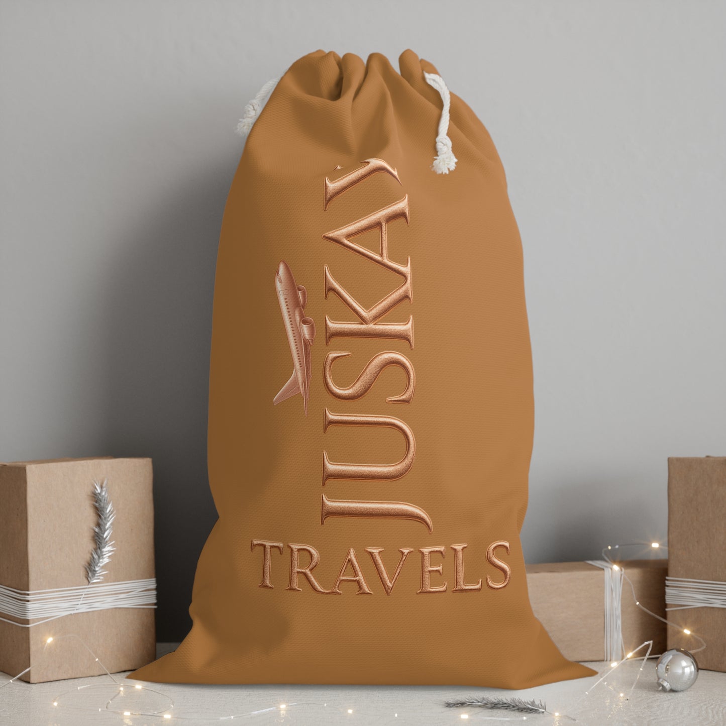 Travel Drawstring Sack — "JUSKAY TRAVELS" Rose Gold Logo Travel Bag