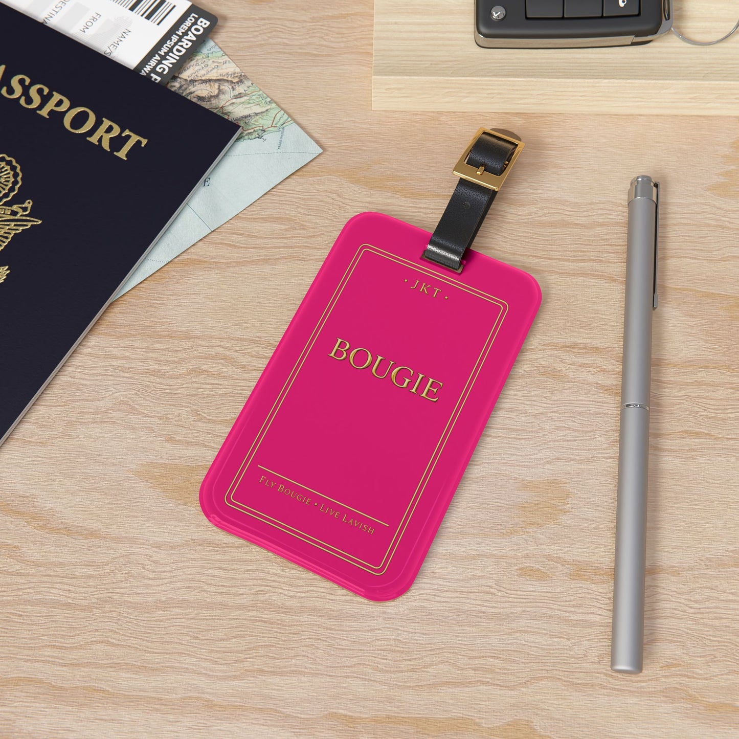 Bougie Pink Luggage Tag — Luxe Gold-Trim Travel ID