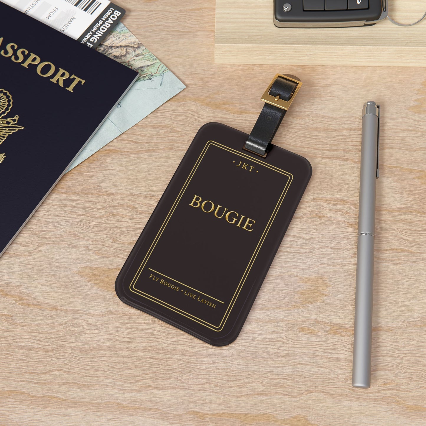 Bougie Leather Luggage Tag – Elegant Gold-Trim Travel ID