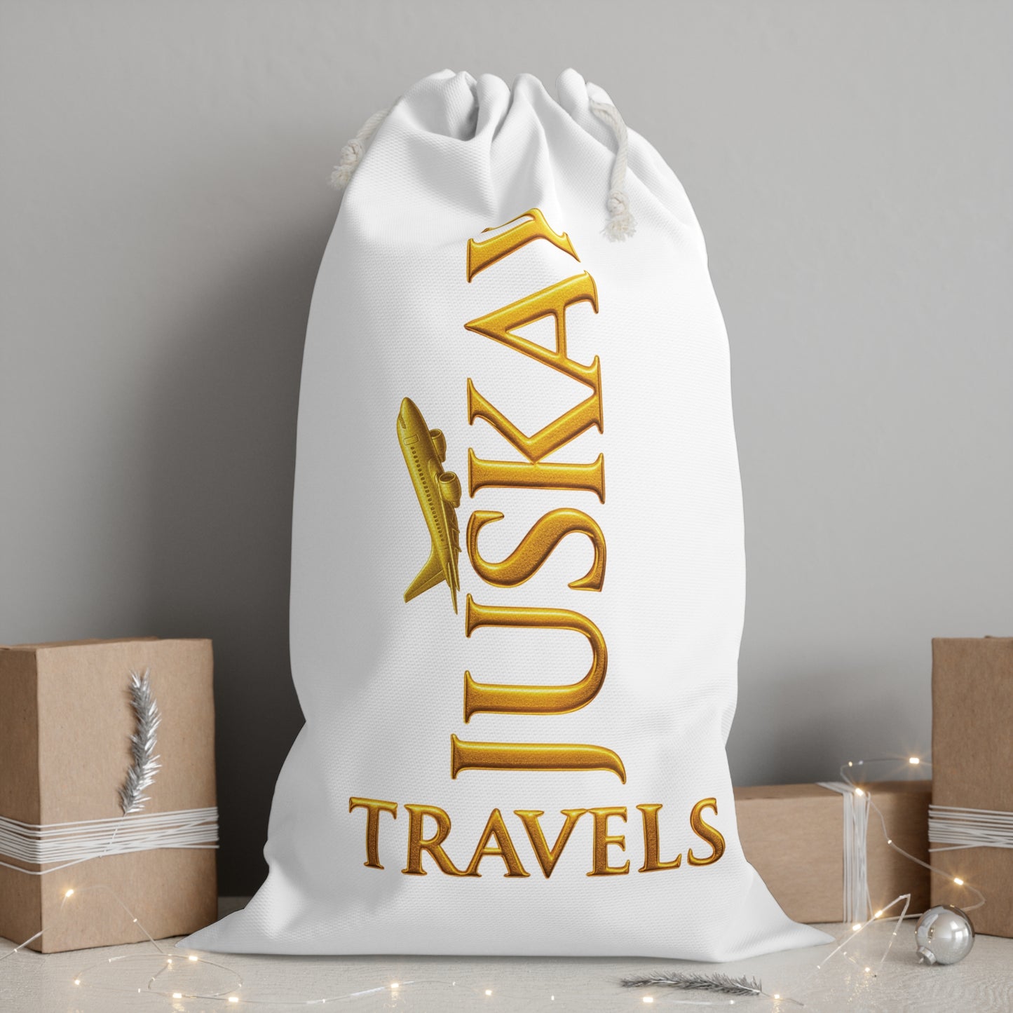 Travel Drawstring Sack — "JUSKAY TRAVELS" Gold Logo Travel Bag