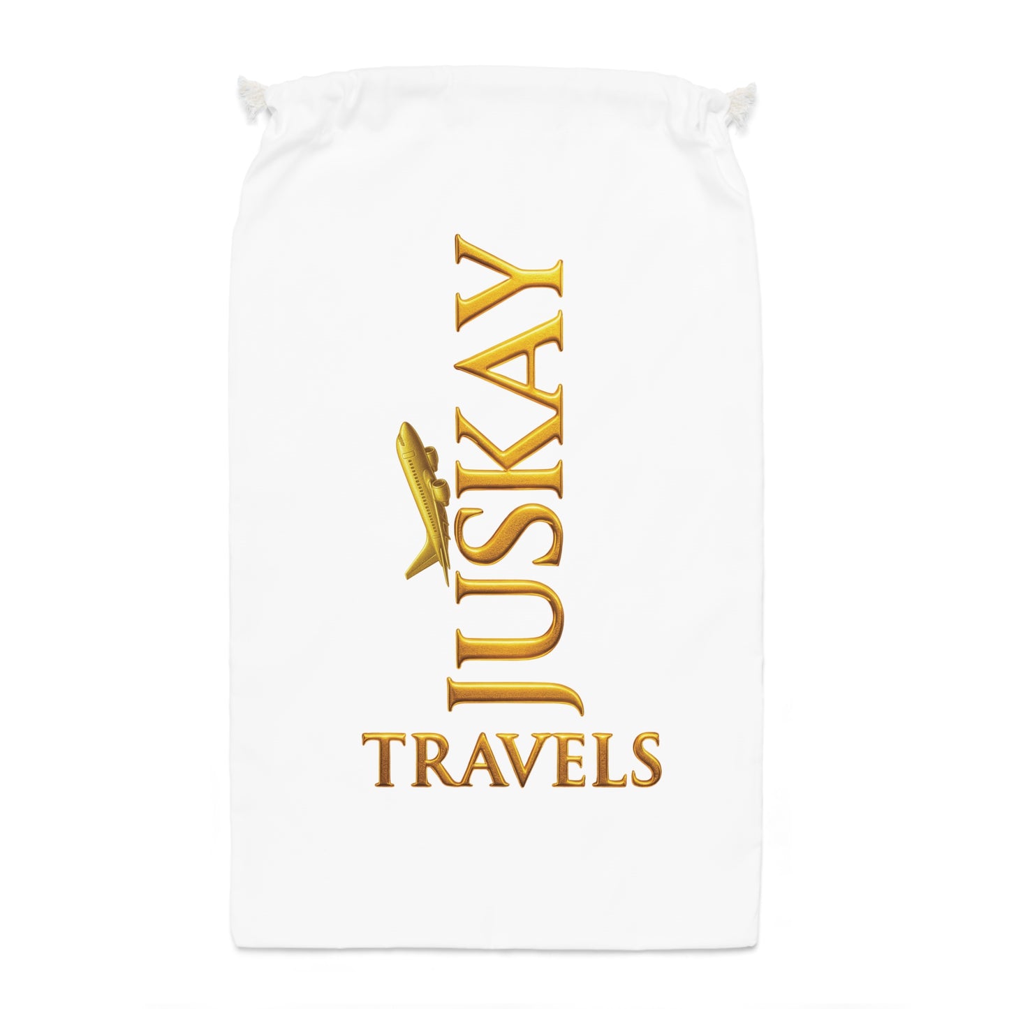 Travel Drawstring Sack — "JUSKAY TRAVELS" Gold Logo Travel Bag